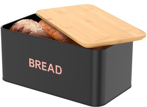 NIHUIFDPY Bread Bin, Metal Bread Box with Wooden Lid for Cutting Breads Board, 33.5x19x15cm Extra Large Breads Holder Holds Large Loaf for Kitchen Countertop(black)