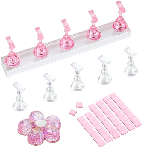 2 Stück Magnetischer Nagelständer, Acryl-Nagelständer Nagelübungsständer Nail Stand, Klar Rosa Nagel Display Ständer Blumen Nagelhalter, für Übung Maniküre Werkzeug mit 48pcs Klebe Knete
