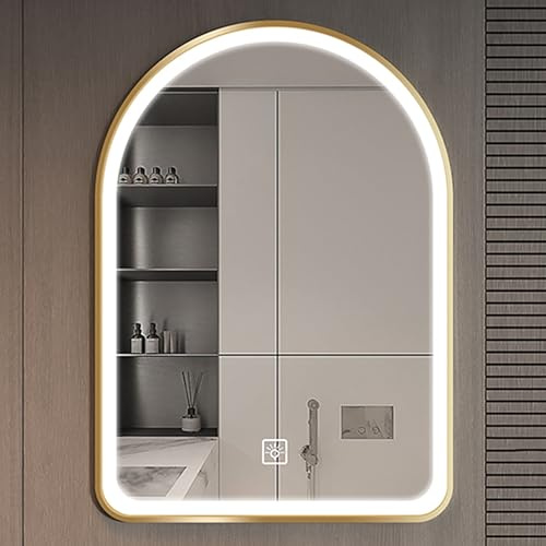 EYTVYUWPT Badspiegel Mit Beleuchtung 70x50cm, Badezimmerspiegel Mit LED Licht Und Antibeschlag, Alurahmen, Dimmbar, 3 Lichtfarben, Gewölbt Wandspiegel(Gold-3 Colours,50x70cm)
