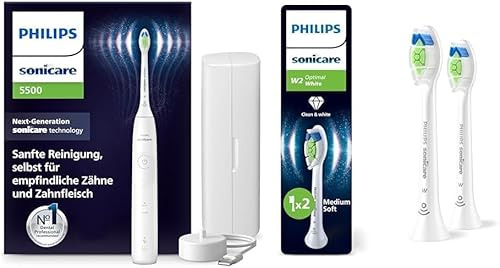 Set aus Philips Sonicare 5500 elektrische Zahnbürste, Schallzahnbürste Weiß, Modell HX7110/02 [Neue Technologie] + Philips Sonicare W2 Optimal White, Original Ersatzbürstenköpfe HX6062/87