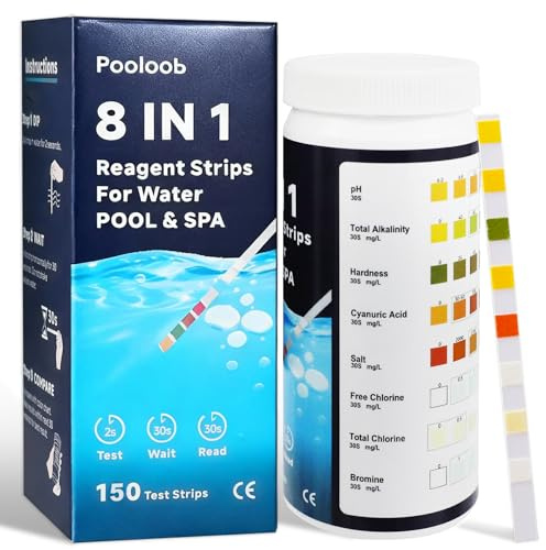 Pooloob 8-in-1 Pool and Spa Test Strips, 150 Count Water Testing Kit for Saltwater & Chlorine Pools - Tests pH, Salt, Free Chlorine, Bromine, Alkalinity, Hardness, Cyanuric Acid & Total Chlorine