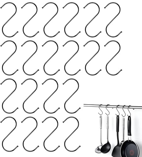 CeoxThao 20 Piezas Ganchos en Forma de S de Metal Negro para Colgar, Ganchos en Forma de S, Gancho de Cocina, Gancho Metal para Cocina, Compatible para Cocinas, Baño, Jardín, Oficina y Armario