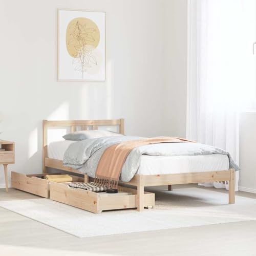 Ordellia Massiv träsäng i furu 75 x 190 cm, robust sängram med ribbotten, 2 lådor, naturlig träfinish för sovrum, hållbar möbel
