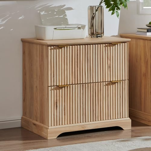 JXQTLINGMU 2 Drawer File Cabinet with Charging Station, 30 Fluted Lateral File Cabinet w/Files Hanging Rod for Letter/Legal/A4, Large Tabletop for Printer, Office Wood Printer Cabinets, Oak