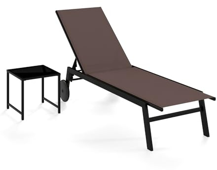 FANTASK Sonnenliege mit Rollen & Beistelltisch, Rollliege mit 6-Fach Verstellbarer Rückenlehne, Gartenliege aus schnelltrocknendem Stoff, Liegestuhl bis 150kg, Outdoorliege für Terrasse (Braun)