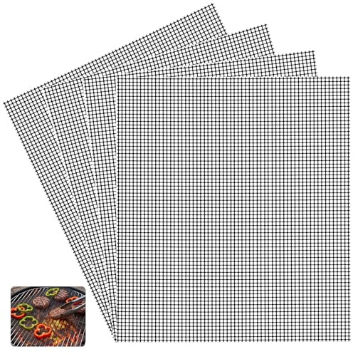 Grillmatten für Gasgrill, Antihaft Grillmatten, 40x30cm, 4 Stück, Schwarz | Hitzebeständig, Zuschneidbar, Geeignet für Grillen, Backen und Kochen