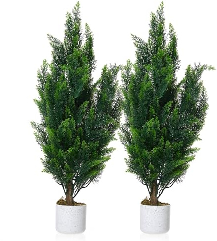 Aptliton Künstliche Zypresse 90cm 2er Set, Naturgetreue Immergrüne PE Kunstpflanze Im Topf, UV-Geschützte Konifere Thuja Zeder Für Garten Terrasse Balkon Wohnzimmer Indoor Outdoor