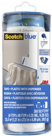 ScotchBlue Pre Plastic Painters Tape with Bladed Dispenser, 48 in x 30yd, Tape & Masking Film Combined in One Product, Static Cling to Stay in One Place, No Residue Masking Tape (PTD2093EL-48-S)