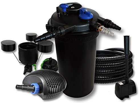 SunSun Komplettset: CPF-15000 Teichdruckfilter bis 30000 L 18 W UV-C Teichklärer, CTF-6000 Teichpumpe 6000l/h 40W, 25m Teichschlauch 25 mm, CSP-250 Skimmer 2500l/h 45W, HJ-943 Springbrunnen 800l/h 16W