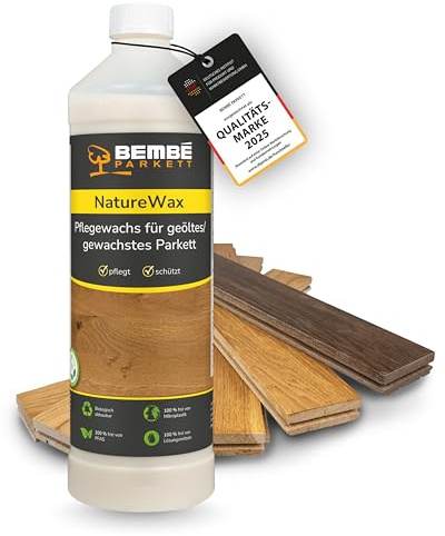 Bembé NatureWax I 1 Liter I Parkettpflege für geölte & gewachste Parkettböden I Pflegewachs mit Carnaubawachs I Lösemittelfrei & gebrauchsfertig I Glänzend & polierbar I Bodenwachs