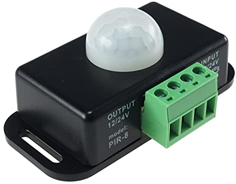 ChiliTec Bewegungsmelder 12V-24V 8m Reichweite 76x45x34mm Schaltzeit einstellbar 1-10min IP20, IR-Sensor für Licht, Beleuchtung, Camping, Niedervolt