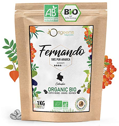 ORIGEENS BIO Kaffeebohnen 1kg | Biologische Arabica Kaffee Ganze Bohnen | Single Origin Kolumbien Fernando | Säurearm | Traditionelle Röstung