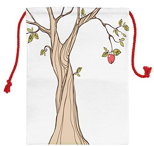 ABAKUHAUS Karikatur Geschenksack, Apfelbaum mit Blättern Kunst, Nikolas Weihnachts Tasche Tüte aus Stoff für Geschenke, Beige Grün Coral, 30x40cm