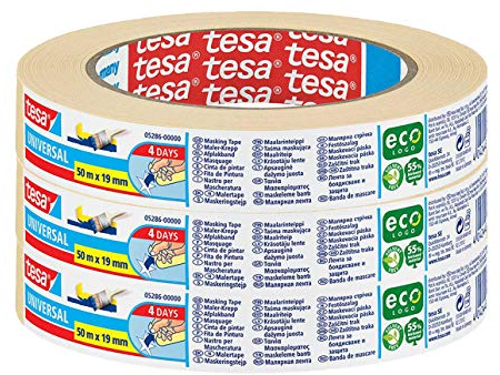 tesa Malerband UNIVERSAL - Vielseitiges Klebeband für Malerarbeiten ohne Lösungsmittel - Bis zu 4 Tage nach Gebrauch rückstandslos entfernbar - schmal (3 Rollen / 50m x 19mm)