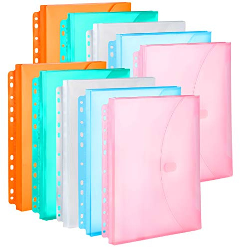 FANWU 10 Pack Assorted Color Expandable Poly Binder Pocket, 3/4-inch Gusset, Letter Size, 11 Holes Punched, Index Dividers Pocket Folders Plastic Envelopes Clear Document Folders for Ring Binder
