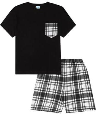 ThePyjamaFactory Garçon Court en Coton à Carreaux Noir et Blanc Pyjamas