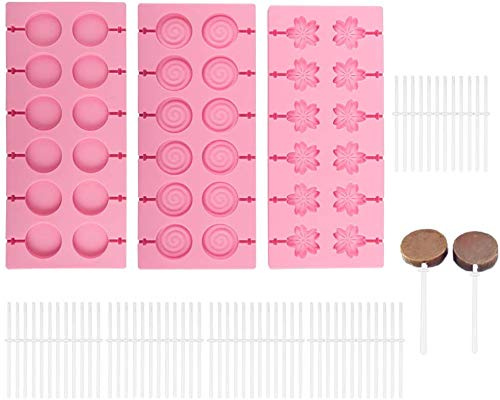 Moules à Sucettes en Silicone,BKJJ 3pcs Moules au Chocolat et Bonbons Moule à Bonbons pour Chocolat/Bonbon/Glace/Gelée - Livré avec 100 Bâtons de Carton