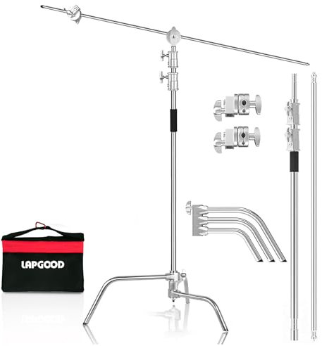 Lapgood C Stand 100% Edelstahl Heavy Duty mit Auslegerarm,Max Höhe 330cm Verstellbarer C Ständer Lampentständer mit 127cm Haltearm, 2 Griffköpfe für Studio Monolight, Softbox, Reflektor