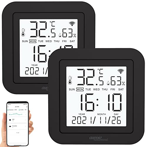Luminea Home Control TV Fernbedienung: 2er-Set lernfähige IR-Fernbedienungen, Temperatur/Luftfeuchte, App (Alexa, Universal Alexa, CD)