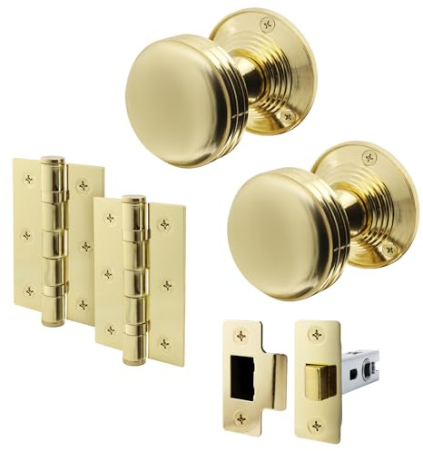 EAI Polished Brass Door Knobs with Latch 76mm and Hinges, 1 Pack - Lined | Complete Latch Kit with 1 Pair of Lined Mortice 55mm Door Knobs for Internal Doors, 76mm Latch, 76mm Hinges, Fixings Included