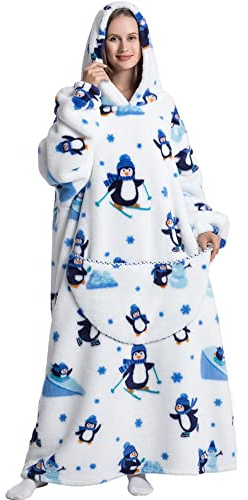 Tragbare Hoodie Decke mit Ärmeln Oversized Pullover Herren Riesige Fronttasche Plüsch KuscheldeckeVerlängert Couch Decken Warme Schlafanzug Pulloverdecke für Camping(Einheitsgröße,Pinguin)