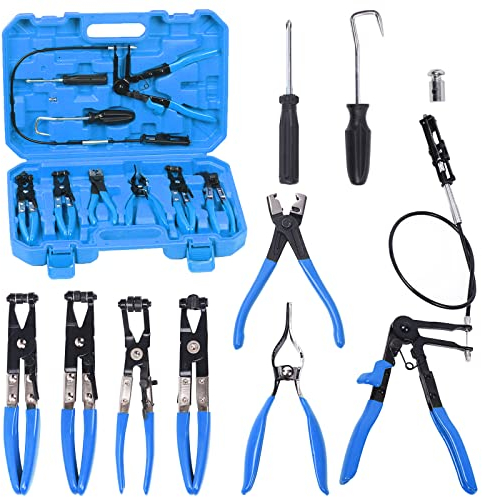 GLARKS G-2600 9Pcs Blue Flexible Hose Clamp Pliers Set, Long Reach Spring Wire Clip Plier Hose Clamp Pliers Remover Kit for Replacement of Fuel, Oil, Water Hose,Black,blue