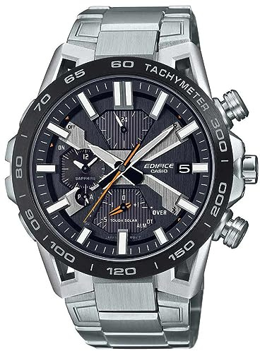 Casio Reloj Solar Hombre 55.60mm con dial Analógico Negro y Correa de Pulsera de Metal Plata EQB-2000DB-1AER