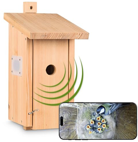 Kamera im Vogelhaus Nestblick Plus in Beige mit WLAN-Kamera. Nistkasten für Live-Beobachtung mit App, Full-HD, Nachtsicht, Ton und Infrarot LEDs. Ideal für Meisen, Kleiber & Zaunkönige.
