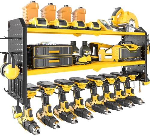 KAFAHOM Power Tool Organizer,Large 8 Drill Holder Wall Mount with 2 Side Pegboards,Metal Tool Shelf with 12 Hooks,Storage Rack for Garage Organization,Utility Cordless Drill Holder - Yellow