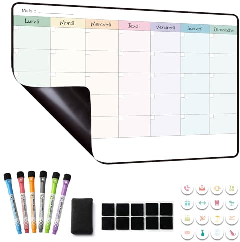 MCCORL Calendrier Tableau Organisateur Magnetique Frigo, Planning Semaine/Mensuel Frigo Magnétique,Planificateur Hebdomadaire, 42×28cm effacable en Français