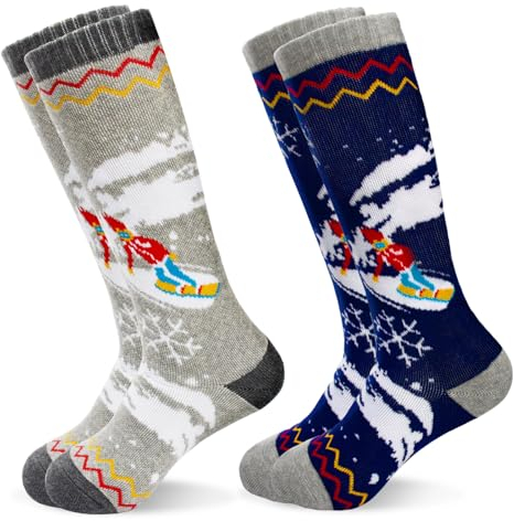 GRPSKCOS Jungen Skisocken, 2 Paar warme dicke Schneesocken für Kinder Mädchen Kleinkind Winter Skifahren Snowboarden（01 Marineblau + Grau- 2 Paare，6-12 Jahre）