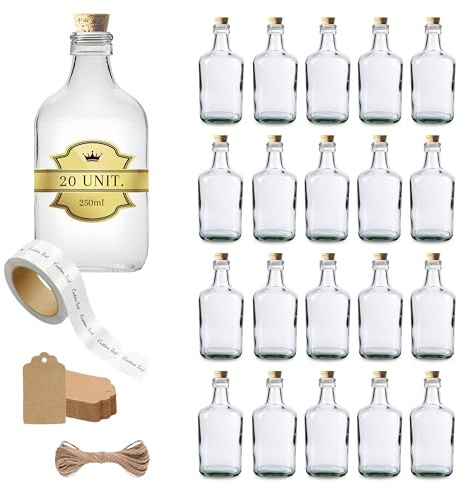 20x Bouteilles en Verre 250ml Style Flasque à Alcool avec Bouchon en Liège + 20 Étiquettes Personnalisées + 20 Étiquettes Kraft + Ficelle - Flacon pour Whiskey, Rhum, Liqueur - Fioles de Poche