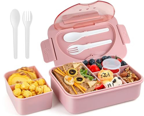 Lunbxx Bento-Box für Kinder und Erwachsene, 5 Fächer, Bento-Lunchbox, Snackboxen, Lunchbehälter für Erwachsene und Kinder, mit Besteck (rosa