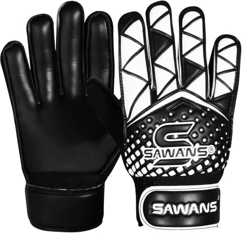 SAWANS Fußball-Torwarthandschuhe für Jungen, Kinder, Jugendliche, Trainingshandschuhe, Fußball-Torwarthandschuhe, Handgelenkschutz (Schwarz, Size 3 Suitable for 5 to 6 Years Old)