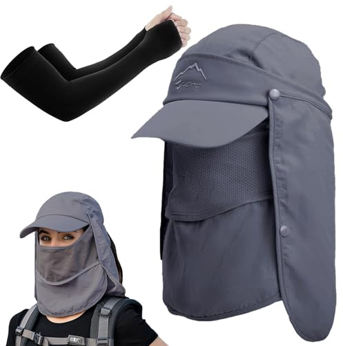 KUBDPQOR Chapeau de soleil pour homme et femme - UPF 50+ - Avec manches - Protection des avant-bras - Avec protection de la nuque - Approfondissez le bord pour la protection du visage - Chapeau de