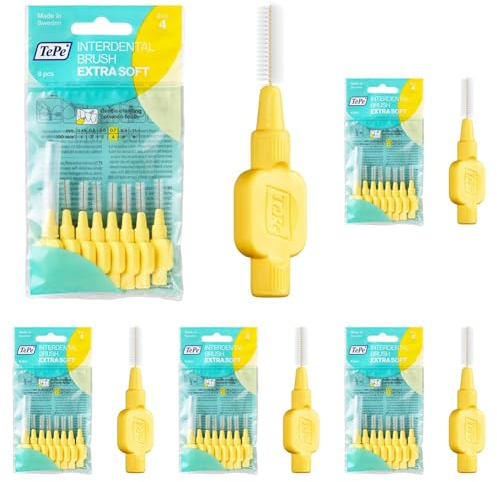 TePe Interdentalbürsten Extra Soft Gelb (ISO Größe 4: 0,7 mm) / Für eine besonders sanfte & effiziente Reinigung der Zahnzwischenräume / 1 x 8 Interdentalbürsten (Packung mit 5)