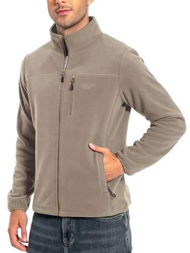 Pioneer Camp - Chaqueta de forro polar para hombre, con cremallera completa, ligera, resistente al viento, para exteriores con cierre de cremallera, caqui, XL