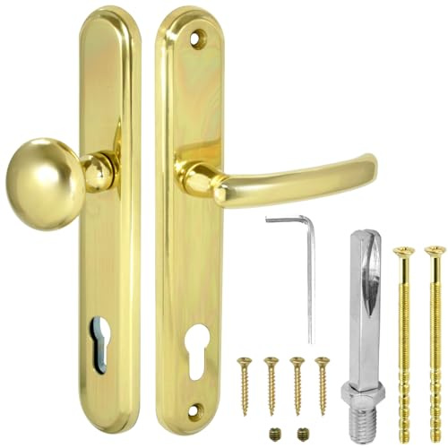 ALSTEN TECH Türklinke mit Türknopf 90 PZ Universal Türgriff Messing Poliert | Profilzylinder Langschild Drückergarnitur italienische Türbeschläge klarlackiert verstärkt Innenschild 5mm Außentür Innentür
