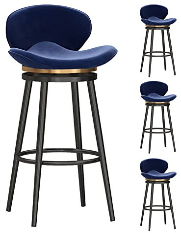 Set mit 4 Samt-gepolsterten Barhockern mit 360-Grad-Drehgelenk, schwarzen Metallbeinen und modernen Barstühlen mit niedriger Rückenlehne, für Küche und Bistro, Blau