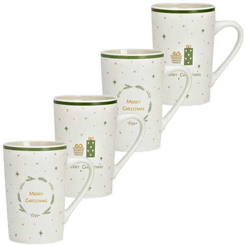 Lot de 4 tasses de Noël en porcelaine de 385 ml avec inscription festive - Jolies tasses à café Ø 12 x 8 cm - Tasse à vin chaud Merry Christmas pour l'hiver et Noël - Porcelaine de qualité supérieure