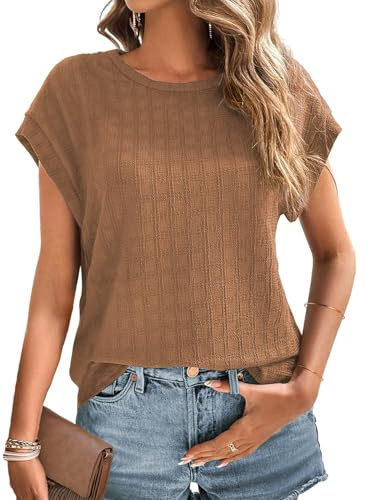 Chicrise Tshirt Femme Couleur Uni Elegant Col Rond Top Manches Courtes Tricot Texturé Mode Manches Chauve-Souris Chemisette Marrron Foncé Grand 42-44