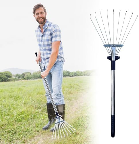 Rastrillo Jardin Rastrillo de césped de acero inoxidable para hojas, 55 - 73 cm / 82 - 160 cm Rastrillo de jardín de metal retráctil / Rastrillo de césped pequeño para paisaje artificial Aguja de pino