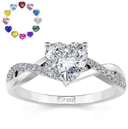 Jeulia Personalisierte Geburtsstein Ring 925 Sterling Silber Twist Herzschliff Damen Ringe mit Namen Gravur Verlobungsring Ewigkeitsringe Eheringe mit Schmuckschatulle (Silber)