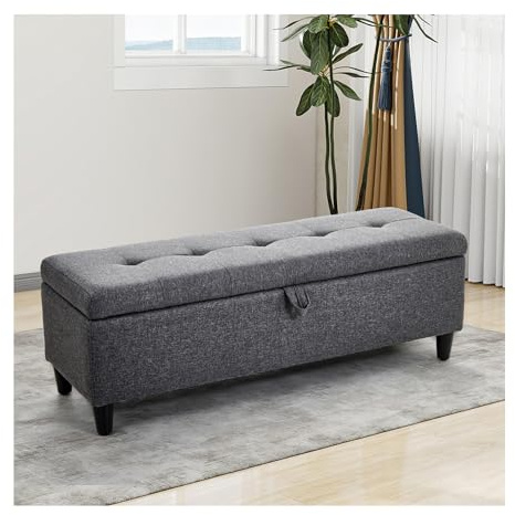 INMOZATA Ottoman Storage Bench Chest Linen Footstool Window Seat Bench Bed End Stool for Living Room Bedroom Hallway (Linen,Dark Grey)