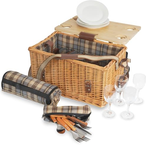 CampFeuer Picknickkorb 4 Personen mit Geschirr-Set und Serviertisch | 25-teilig | Picknickkoffer mit kariertem Innenmuster | Weidenkorb mit Kunstlederriemen | Picknicktasche, Picknick Set