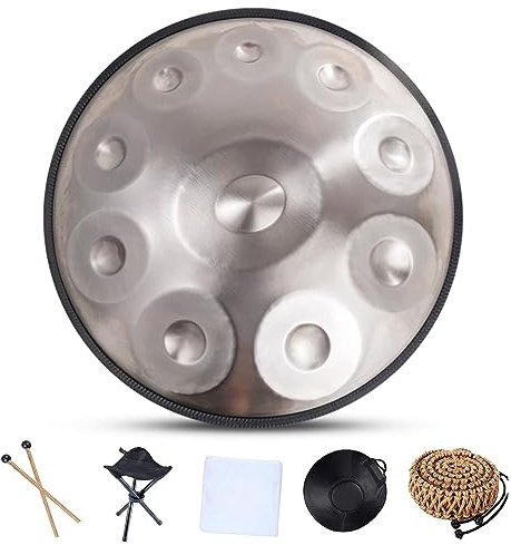 WQOTHHZR 22 Zoll Moll 10 Noten Stahl-Handrum für Erwachsene mit weicher Handpan-Tasche, Handpan-Ständer, 2 Handpan-Schlägel, Handpanrum-Instrument (Farbe: Größe: 432 Hz)