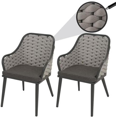 Mendler 2er-Set Aluminium-Gartenstuhl HWC-O16 - hellgrau Kissen dunkelgrau | Outdoor, Stuhl, Olefin, (200, g/m²) Seilgeflecht, Rope