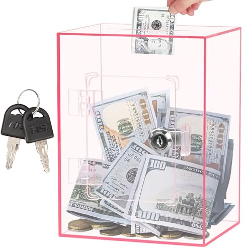 Spardose Acryl Transparente, Spardose Durchsichtig mit Schlüssel Schloss | Spendenbox Abschließbar, Groß Sparschwein für Erwachsene für Budget Sparen Münzen und Bargeld, 20x15x12cm, Rosa