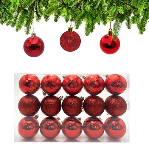 Lot de 15 Boule de Noel Rouge pour Sapin de Noël Ø 6cm, Boules de Noel en Plastique, Decoration Noël Sapin avec Cordon de Suspension, pour Décoration de Fête Mariage Anniversaire