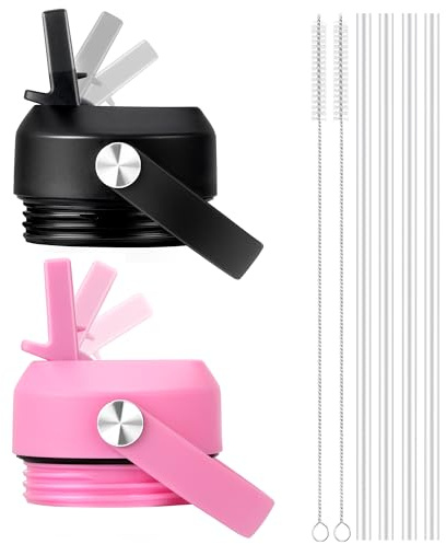 Bluwing Straw Lid for Yeti Rambler Bottle 12 18 26 36 64 oz, Replacement Straw Caps Lids with Flexible Handle for YETI Rambler Water Bottle(Black+Rose Pink)